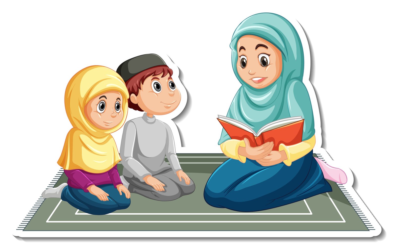 A sticker template with muslim people mother reading a book to h